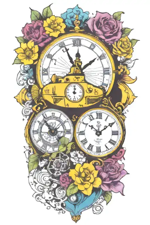 yellow submarine with colorful flowers and clock and rainbow  tattoo design idea
