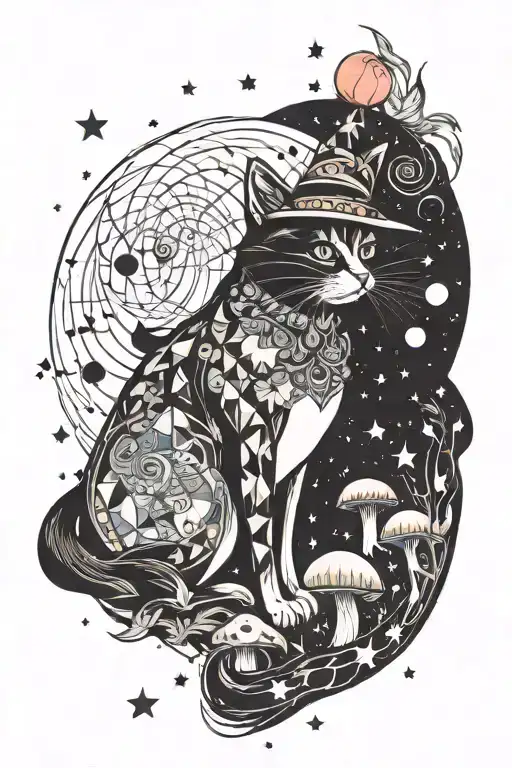 witch cat with moon and stars and colorful mushrooms trippy  tattoo design idea