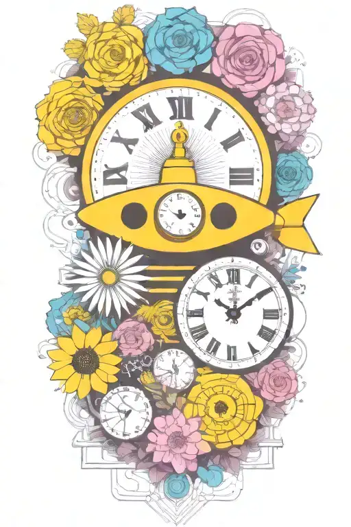 yellow submarine with colorful flowers and clock and rainbow  tattoo design idea