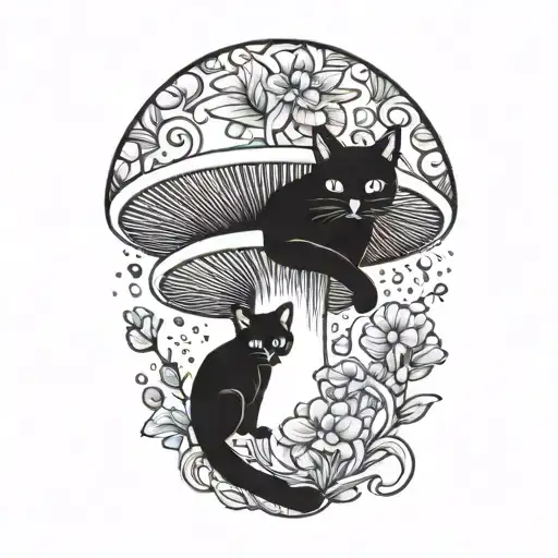 colorful mushroom with black cat tattoo design idea