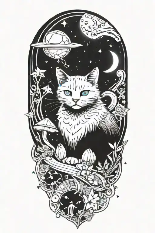 witch cat with moon and stars and colorful mushrooms and bats tattoo design idea
