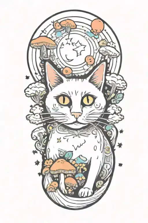 black cat with 3 eyes with colorful mushrooms and crescent moon and clouds and stars and sun tattoo design idea