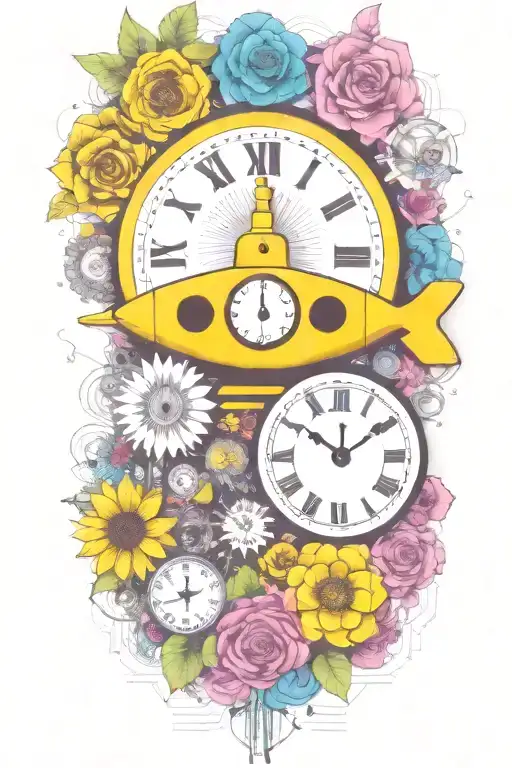 yellow submarine with colorful flowers and clock and rainbow  tattoo design idea