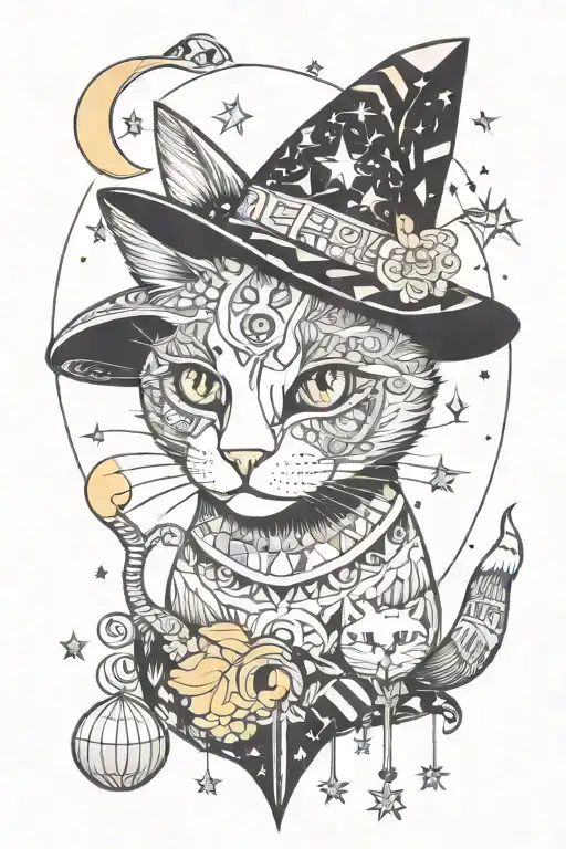 witch cat with moon and stars and colorful mushrooms trippy  tattoo design idea