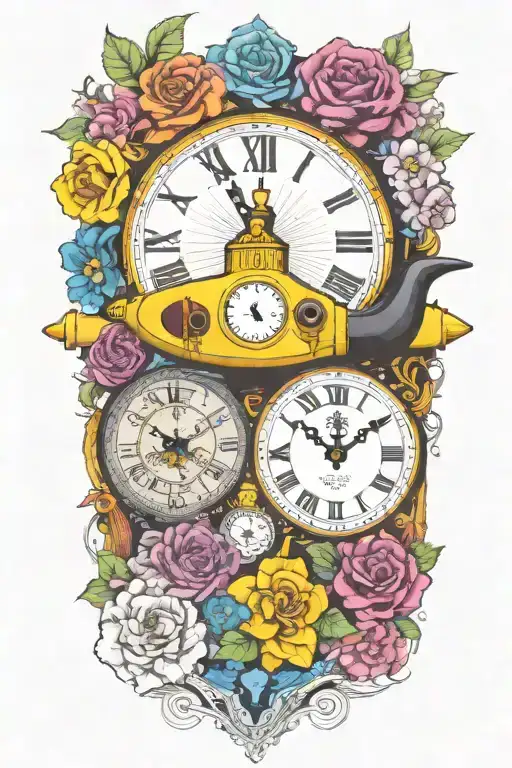 yellow submarine with colorful flowers and clock and rainbow  tattoo design idea