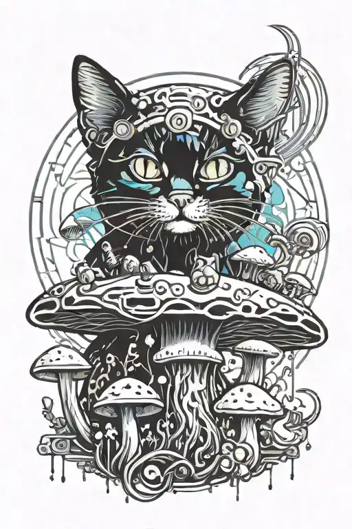 melting colorful mushroom black cat with moon tattoo design idea