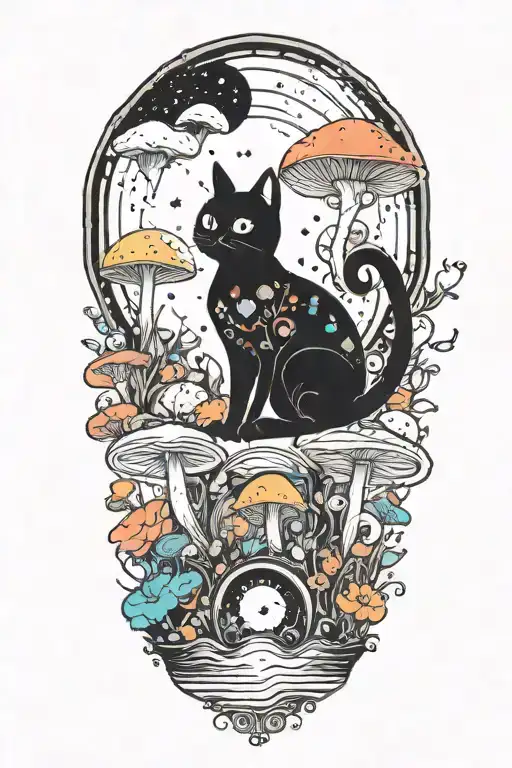 black cat and trippy colorful mushrooms with moon  tattoo design idea