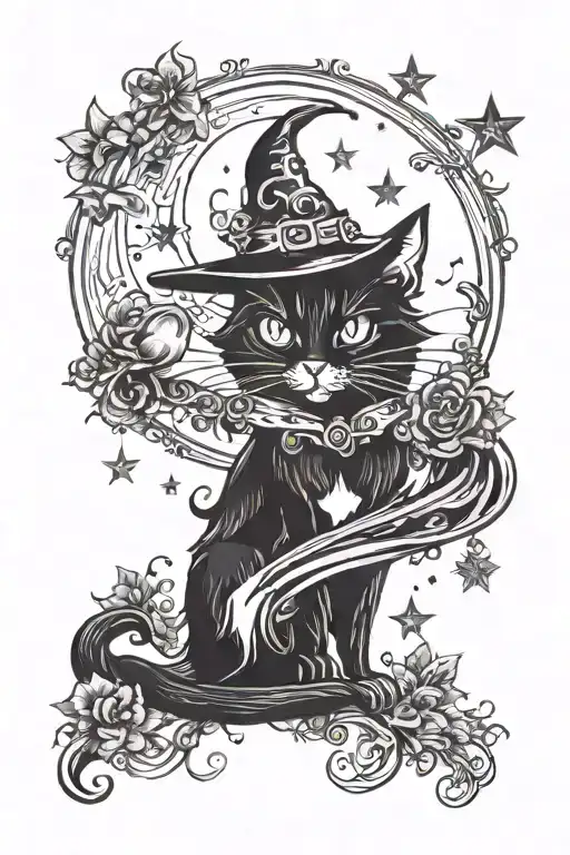 witch cat with moon and stars and colorful mushrooms trippy  tattoo design idea
