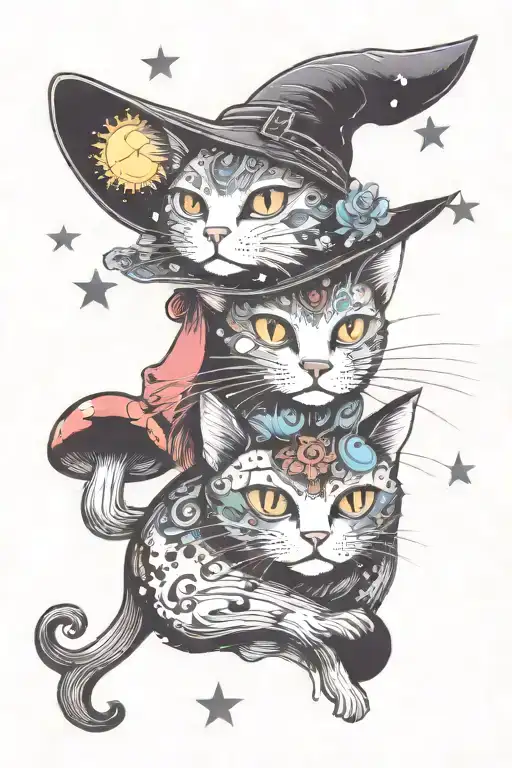 witch cat with moon and stars and colorful mushrooms trippy  tattoo design idea