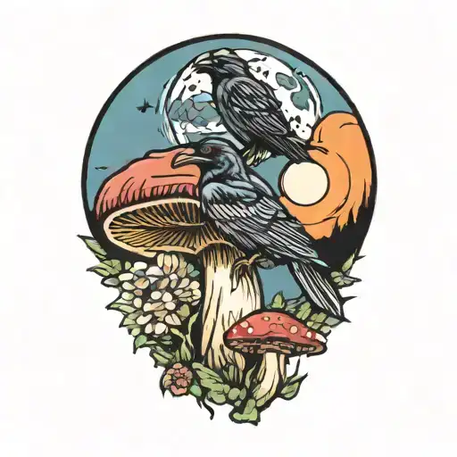 colorful mushroom with ravens and moon tattoo  tattoo design idea