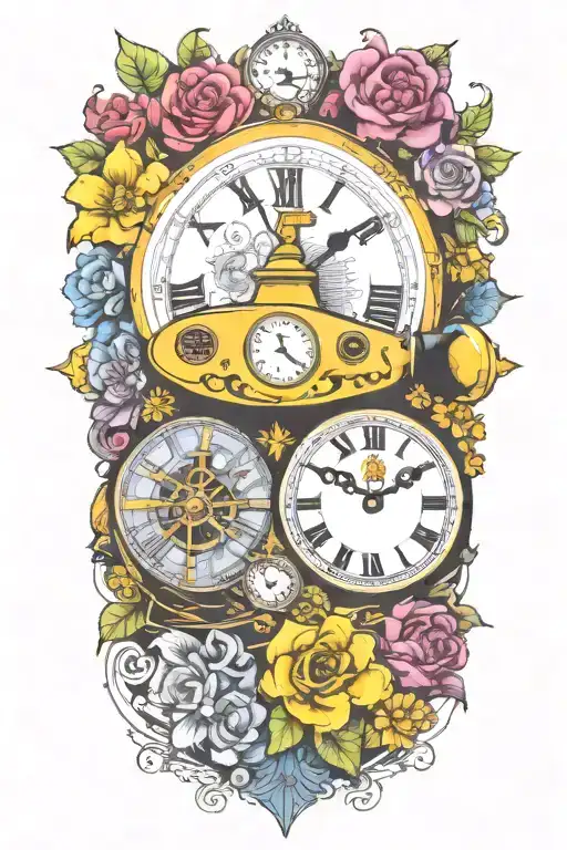 yellow submarine with colorful flowers and clock and rainbow  tattoo design idea