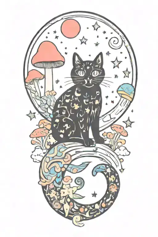 black cat with colorful mushrooms and crescent moon and clouds and stars tattoo design idea