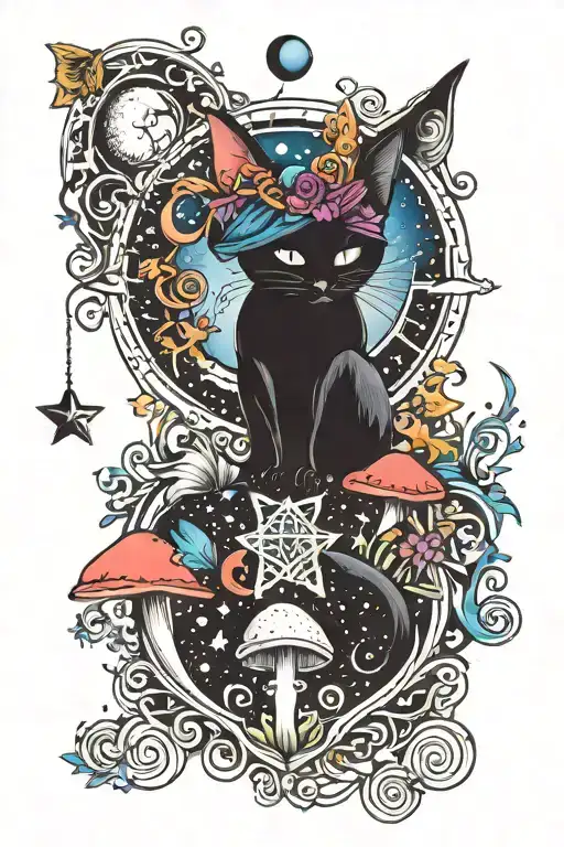 witch cat with moon and stars and colorful mushrooms trippy  tattoo design idea