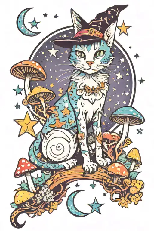witch cat with moon and stars and colorful mushrooms trippy  tattoo design idea