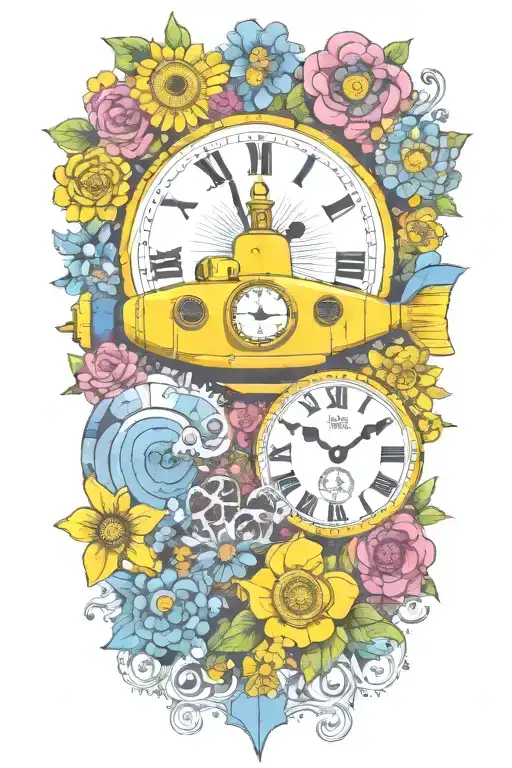 yellow submarine with colorful flowers and clock and rainbow  tattoo design idea
