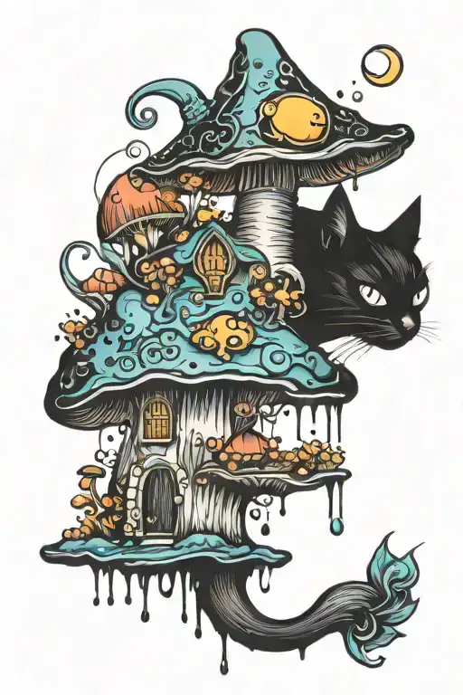 melting colorful mushroom black cat with moon tattoo design idea