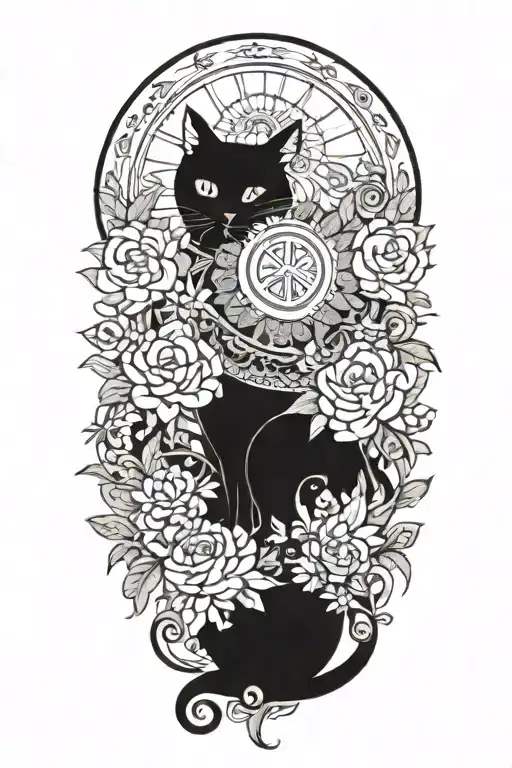 black hippie cat with trippy flowers and sun with peace sign tattoo design idea