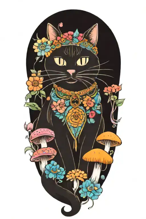 hippie cat with colorful mushrooms  tattoo design idea