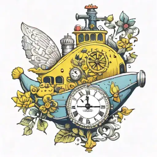 yellow submarine with colorful flowers and clock tattoo design idea