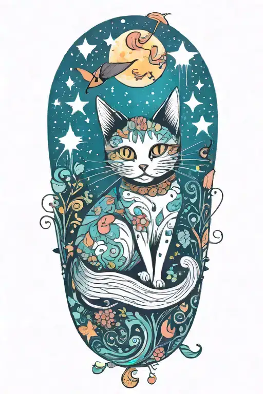 witch cat with moon and stars and colorful mushrooms and bats tattoo design idea