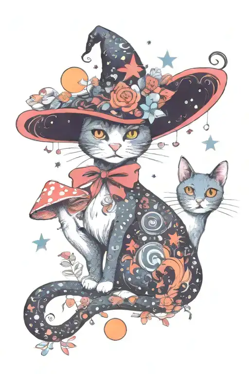 witch cat with moon and stars and colorful mushrooms trippy  tattoo design idea