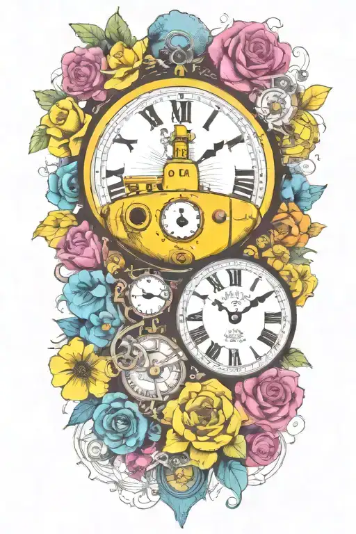 yellow submarine with colorful flowers and clock and rainbow  tattoo design idea