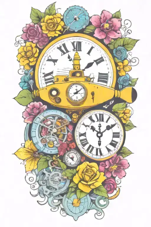 yellow submarine with colorful flowers and clock and rainbow  tattoo design idea
