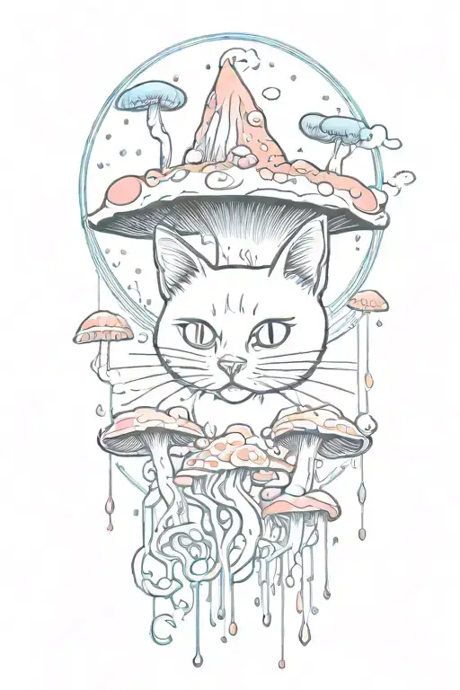 black cat with 3 eye balls and trippy colorful mushrooms with moon melting  tattoo design idea