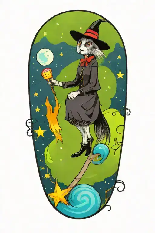 witch cat with moon and stars and colorful mushrooms and bats tattoo design idea
