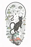 black cat and trippy colorful mushrooms with moon  tattoo design idea