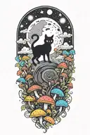 black cat with colorful mushrooms and crescent moon and clouds and stars tattoo design idea