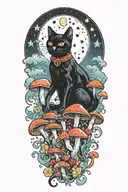 black cat with colorful mushrooms and crescent moon and clouds and stars tattoo design idea