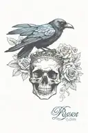 raven wearing crown with blue rose and skull tattoo design idea