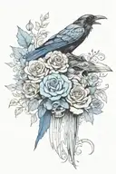 raven wearing crown with blue rose and skull tattoo design idea