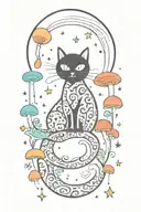 black cat with colorful mushrooms and crescent moon and clouds and stars tattoo design idea