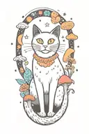 black cat with colorful mushrooms and crescent moon and clouds and stars tattoo design idea