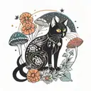 black cat and colorful mushrooms with moon and stars tattoo design idea