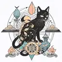 black cat and colorful mushrooms with moon and stars tattoo design idea