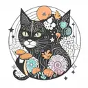 black cat and colorful mushrooms with moon and stars tattoo design idea