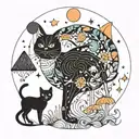 black cat and colorful mushrooms with moon and stars tattoo design idea