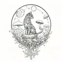 moon with black witch cat and colorful mushrooms growing tattoo design idea