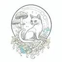 moon with black witch cat and colorful mushrooms growing tattoo design idea