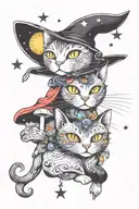 witch cat with moon and stars and colorful mushrooms trippy  tattoo design idea