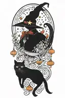 witch cat with moon and stars and colorful mushrooms and bats tattoo design idea