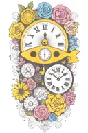 yellow submarine with colorful flowers and clock and rainbow  tattoo design idea