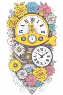 yellow submarine with colorful flowers and clock and rainbow  tattoo design idea
