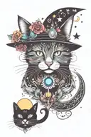 witch cat with moon and stars and colorful mushrooms trippy  tattoo design idea