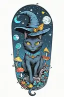 witch cat with moon and stars and colorful mushrooms and bats tattoo design idea