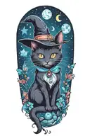 witch cat with moon and stars and colorful mushrooms and bats tattoo design idea