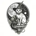 witch cat and moon tattoo design idea